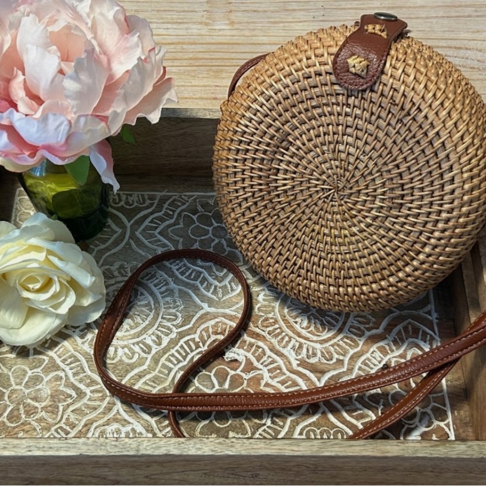 Round Woven Rattan Bag with Brown Strap